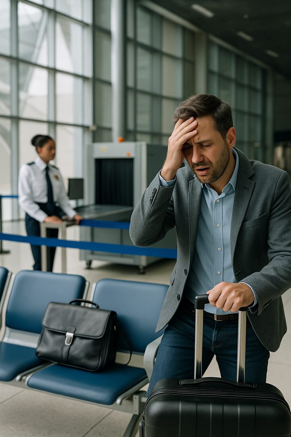 A traveler at an airport realizes he left his bag behind on a chair, showing two connected past actions in one moment.