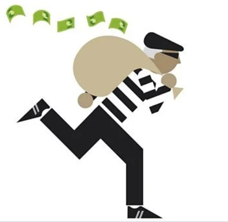A cartoon illustration of a thief running with a large money bag over his shoulder and dollar bills flying out behind him.