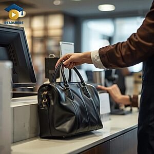 A traveler's hand placing a black handbag on a counter, visually defining the English phrasal verb "set aside" (to put something away) for the Read4More glossary.