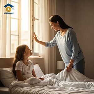 A woman opening the window to let sunlight into a bedroom to wake a girl, visually defining the English greeting "good morning" for the Read4More online glossary.