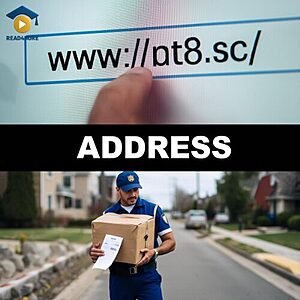 A collage showing a web URL and a postal worker delivering mail to a home, visually defining the English vocabulary word "address" for the Read4More online glossary.