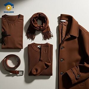 A collection of stylish clothing items including a coat, scarf, belt, and sweater, all in the color brown, visually defining the English vocabulary word for this dark natural color for the Read4More online glossary.