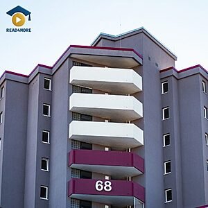 A tall apartment building with the number 68, visually defining the English vocabulary word "building" (a structure with walls and a roof) for the Read4More online glossary.
