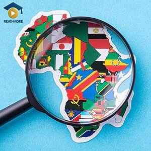 A magnifying glass over a colorful map representing different nations, visually defining the English vocabulary word "country" (a place where people live) for the Read4More online glossary.