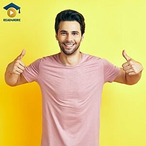 A smiling man giving two thumbs up, visually defining the English vocabulary word "fine" (good; okay) for the Read4More online glossary.