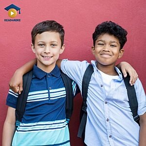 Two happy young boys with their arms around each other, visually defining the English word "friend" (a person you like and spend time with) for the Read4More online vocabulary glossary.