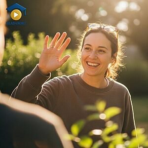 A smiling woman waving her hand to greet a friend outdoors, visually defining the basic English greeting "hello" for the Read4More online vocabulary glossary.