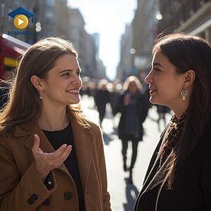 Two women engaged in a friendly conversation on a city street, visually representing the English question word "how" used in greetings like "How are you?" for the Read4More glossary.