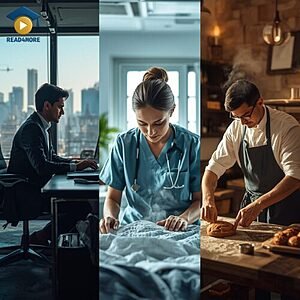 A collage showing a businessman, nurse, and baker at work, visually defining the English vocabulary word "job" (work done to earn money) for the Read4More online glossary.