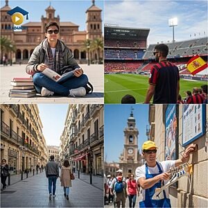 A collage showing scenes of daily life in Spain, visually defining the English verb "live" (to have your home in a place) for the Read4More online glossary.