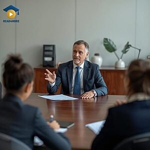 A manager leading a business meeting from the head of the table, visually defining the English vocabulary word "manager" (a person in charge of a team) for the Read4More online glossary.