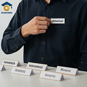 A man attaching a name tag reading "Mohammad" to his shirt, visually defining the English possessive adjective "my" (belongs to me) for the Read4More online glossary.