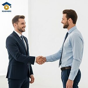 Two professional men shaking hands and smiling, visually defining the English greeting phrase "nice to meet you" for the Read4More online glossary.