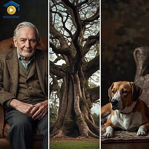A collage of an elderly man, an ancient tree, and a senior dog, visually defining the English adjective "old" (having lived for a certain number of years) for the Read4More online glossary.