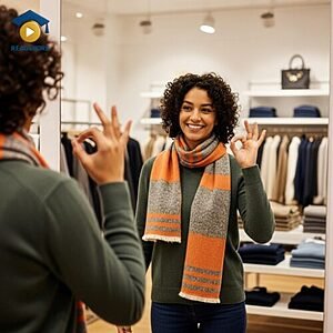A woman trying on a scarf in a shop and making an "OK" hand gesture, visually defining the English vocabulary word "perfect" (very good or correct) for the Read4More online glossary.
