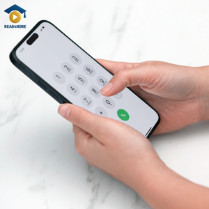 Hands dialing a phone number on a smartphone screen to call someone, visually defining the English vocabulary term for the Read4More online glossary.