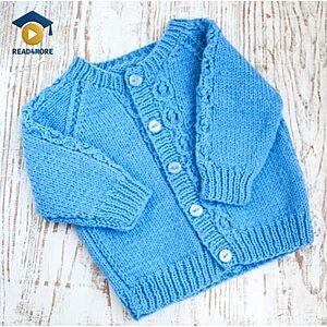 A blue knitted sweater (cardigan) with buttons laid flat, visually defining the English vocabulary word for warm clothing for the Read4More online glossary.