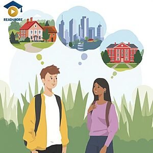 An illustration of two people talking, with thought bubbles showing a house, city, and university, visually defining the English question word "where" for the Read4More online glossary.