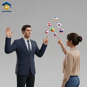 Two people pointing at floating country flags, visually defining the English question word "where" (asking about place or origin) for the Read4More online glossary.