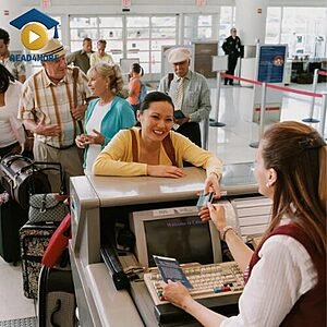 Travelers standing at an airport counter with an agent to register for their flight, visually defining the English vocabulary word "check-in" for the Read4More online glossary.