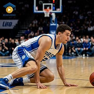 A professional basketball player bending low to the ground to change his stance, visually defining the English verb "adjust" (to change to fit a situation) for the Read4More online glossary.