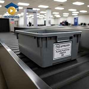 A grey plastic bin on an airport security conveyor belt, visually defining the English vocabulary word for a container used to hold items for the Read4More online glossary.