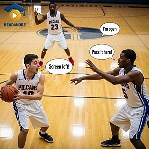 A basketball player on the court shouting instructions like "Screen left!" and "Pass it here!" to his teammates, visually defining the English verb "communicate" (to share information) for the Read4More online glossary.