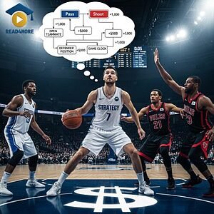 A basketball player on the court with a complex decision-making flowchart above his head, visually defining the English vocabulary phrase "critical thinking" (thinking carefully to decide what to do).