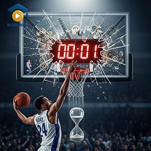 A dramatic illustration of a basketball player dunking as a game clock shatters at the final second, visually defining the English vocabulary word "deadlines" (latest time to finish).