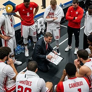 A basketball coach pointing to a tactic board while explaining strategies to his team, visually defining the English vocabulary word "instructions" (information that tells you what to do) for the Read4More online glossary.