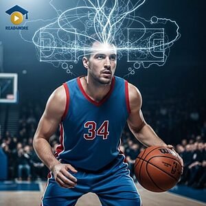 A basketball player focusing intensely with a graphic of a court strategy glowing in his mind, visually defining the English adverb "mentally" (using the mind) for the Read4More online glossary.
