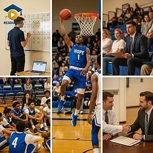A collage showing a basketball coach, a player dunking, team meetings, and a contract signing, illustrating the English word "opportunities" (chances to succeed) for the Read4More online glossary.