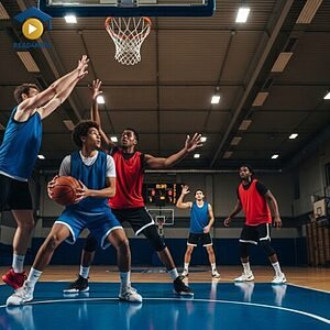A group of basketball players actively playing a game on an indoor court, visually defining the English vocabulary word "participation" (taking part in an activity) for the Read4More online glossary.