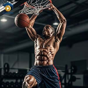 A muscular basketball player performing a dunk, visually illustrating the English adverb "physically" (related to the body) for the Read4More online glossary.