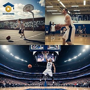 A collage showing the progression of basketball from a street court to a packed stadium, illustrating the English adjective "professional" (related to a paid career) for the Read4More online glossary.