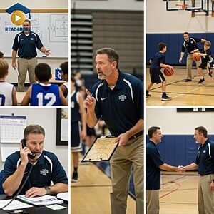 A collage showing a basketball coach teaching players, planning strategies, and managing team duties, visually defining the English vocabulary word "responsibilities" (things you must do) for the Read4More online glossary.