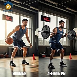A split-screen image showing a basketball player practicing in the morning and lifting weights in the afternoon, visually defining the English vocabulary word "schedule" (a plan of activities and times) for the Read4More online glossary.