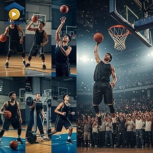 A collage showing a basketball player scoring a dunk and athletes training in a gym, illustrating the English verb "succeed" (to achieve a goal) for the Read4More online glossary.