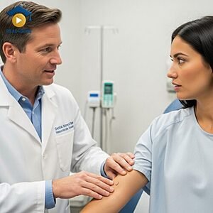 A doctor touching a specific spot on a patient's arm to locate pain, visually defining the English adverb "exactly" (precise place or detail) for the Read4More online glossary.