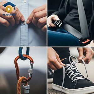 A collage of hands buttoning a shirt, buckling a seatbelt, clipping a carabiner, and tying shoelaces, visually defining the English verb "fasten" (to make something secure).