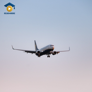 A commercial airplane flying in a clear sky, visually defining the English vocabulary word "flight" (a trip by plane) for the Read4More online glossary.