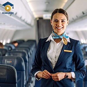 A smiling female flight attendant in a blue uniform standing in an airplane aisle, visually defining the English vocabulary word for a crew member.