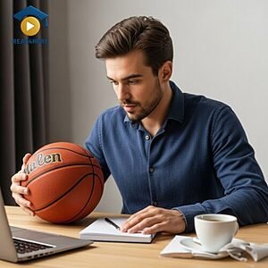 A professional man focusing on his work with a laptop and basketball nearby, illustrating the concept of being independent (doing things without help) for the Read4More online glossary.