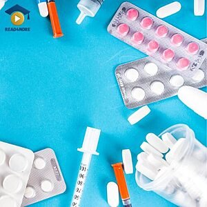 A flat lay of pills, blister packs, and syringes on a blue background, visually defining the English vocabulary word "medicine" (a drug used to get better) for the Read4More online glossary.