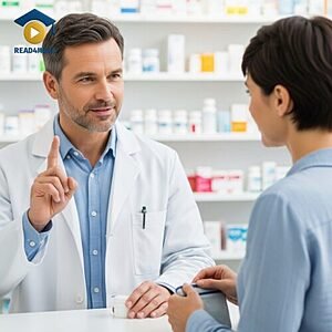 A pharmacist holding up one finger to a patient, visually illustrating the English adverb "once" (one time) for the Read4More online glossary.