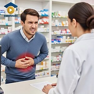 A man clutching his stomach in discomfort while talking to a pharmacist, visually defining the English vocabulary word "pain" (a bad feeling that hurts) for the Read4More online glossary.