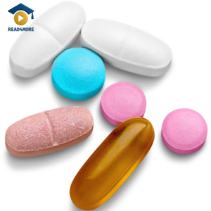 A close-up of colorful round and oval pills and capsules on a white background, visually defining the English vocabulary word for a small piece of medicine.