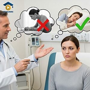 A doctor advising a patient to sleep and stop working, illustrated by thought bubbles with a checkmark and cross, visually defining the English verb "rest" for the Read4More online glossary.