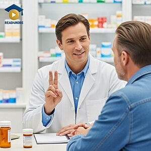 A pharmacist holding up two fingers to a patient, visually illustrating the English adverb "twice" (two times) for the Read4More online glossary.